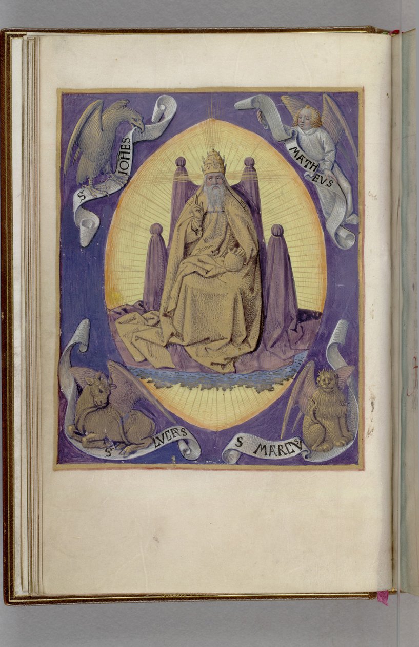 Bóg Ojciec z symbolami czterech Ewangelistów w rogach. Księga godzin, 1450-1499 autorstwa Jean Fouquet