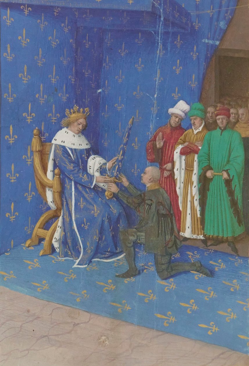 Jean Fouquet - Wręczenie miecza Bertrandowi Duguesclinowi - Iluminacja (XV w.) autorstwa Jean Fouquet
