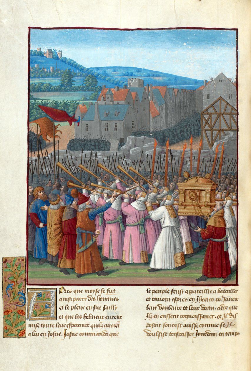 Jozue i upadek Jerycha. Ilustracja w Flavius Josephus ""Starożytność Żydów"" (Antiquitatum Iudaicarum) par Fouquet, Jean (1420-1481). Gwasz na pergaminie, koniec XV w., Bibliotheque Nationale de France autorstwa Jean Fouquet