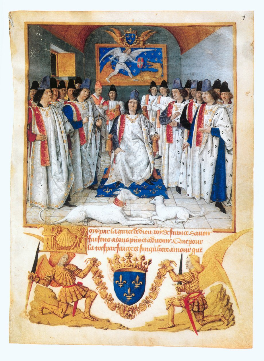 Król Ludwik XI przewodniczy posiedzeniu kapituły ... (ilustrowany rękopis) autorstwa Jean Fouquet