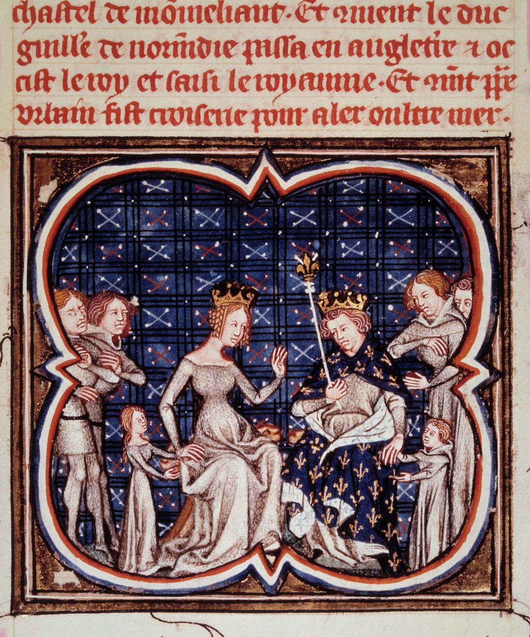 Król Francji Filip I (1052-1108) z żoną Berthe of Hollande i dziećmi Konstancją Francuską (1078-1125) i Ludwikiem VI (1081-1137) Miniatura z „”Les grandes Chroniles de France”” (ms. fr. 2813 k. 182) 1375-1380 Paryż, B.N. autorstwa Jean Fouquet