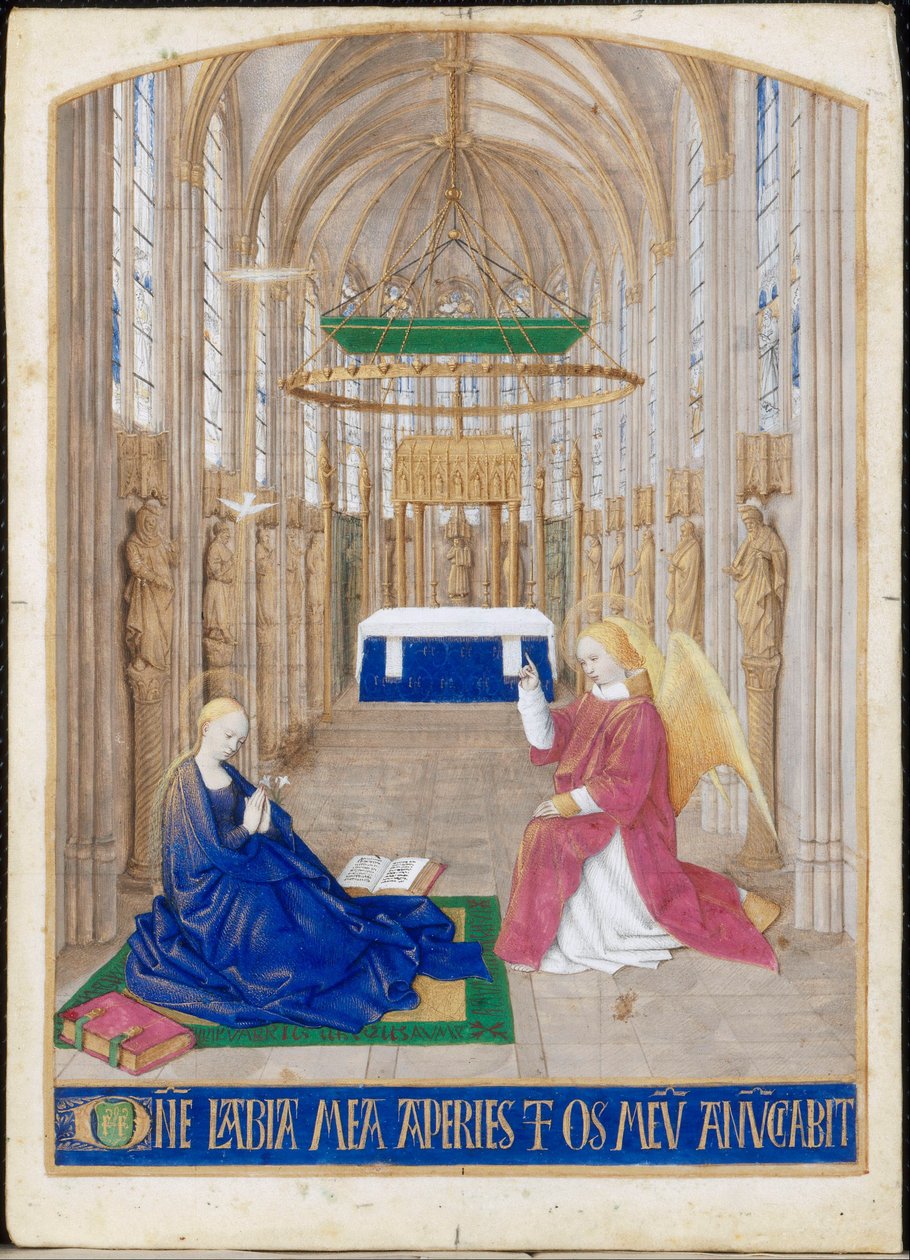 Zwiastowanie, miniatura z Godziny Etienne Chevalier. Oficjum Ducha Świętego, jutrznia autorstwa Jean Fouquet