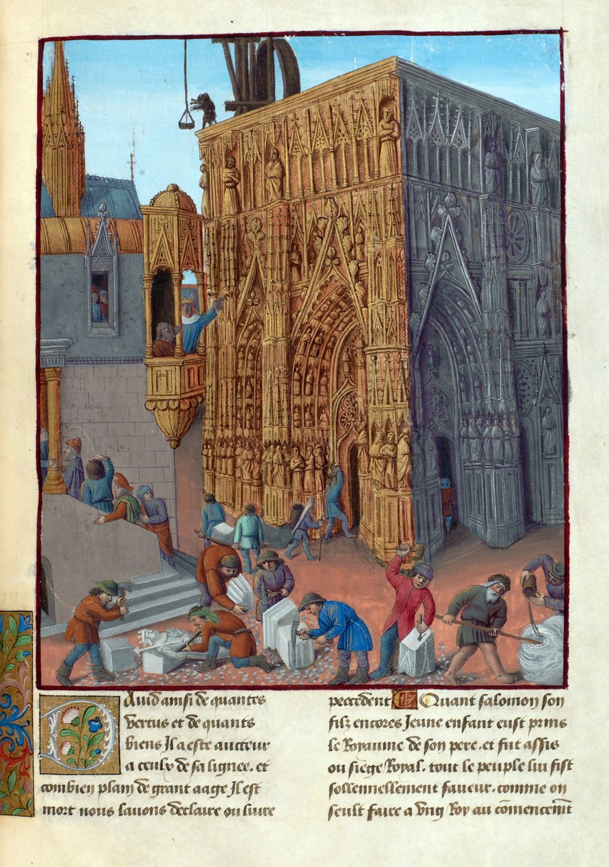 La construction du temple de Salomon - Budowa Świątyni Salomona. Ilustracja w Flavius Josephus ""Starożytność Żydów"" (Antiquitatum Iudaicarum) par Fouquet, Jean (1420-1481). Gwasz na pergaminie, kon. XV w., Bibliotheque Nationale autorstwa Jean Fouquet