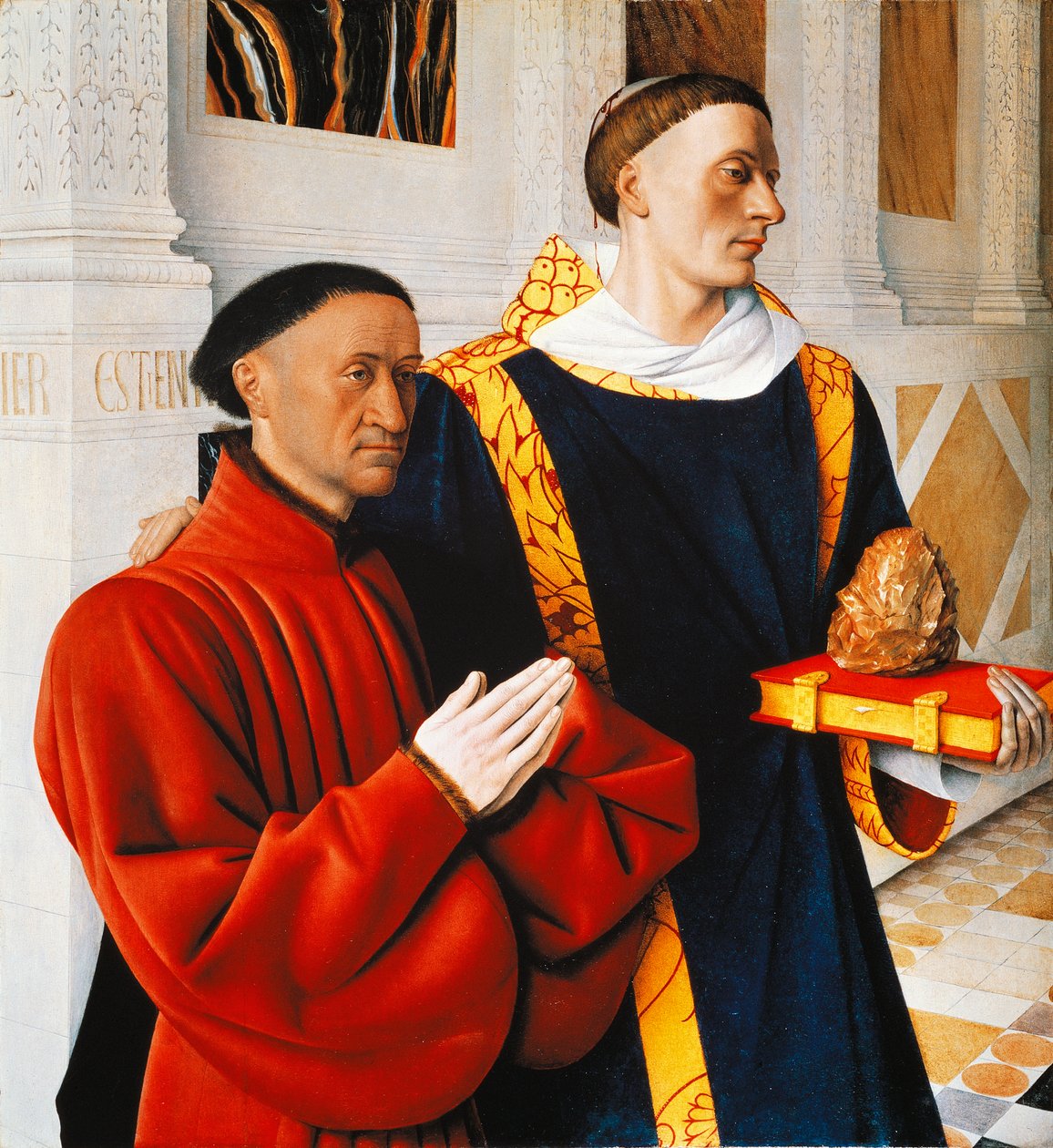 Lewy panel dyptyku z Melun: Etienne Chevalier ze swoim patronem St Stephen autorstwa Jean Fouquet
