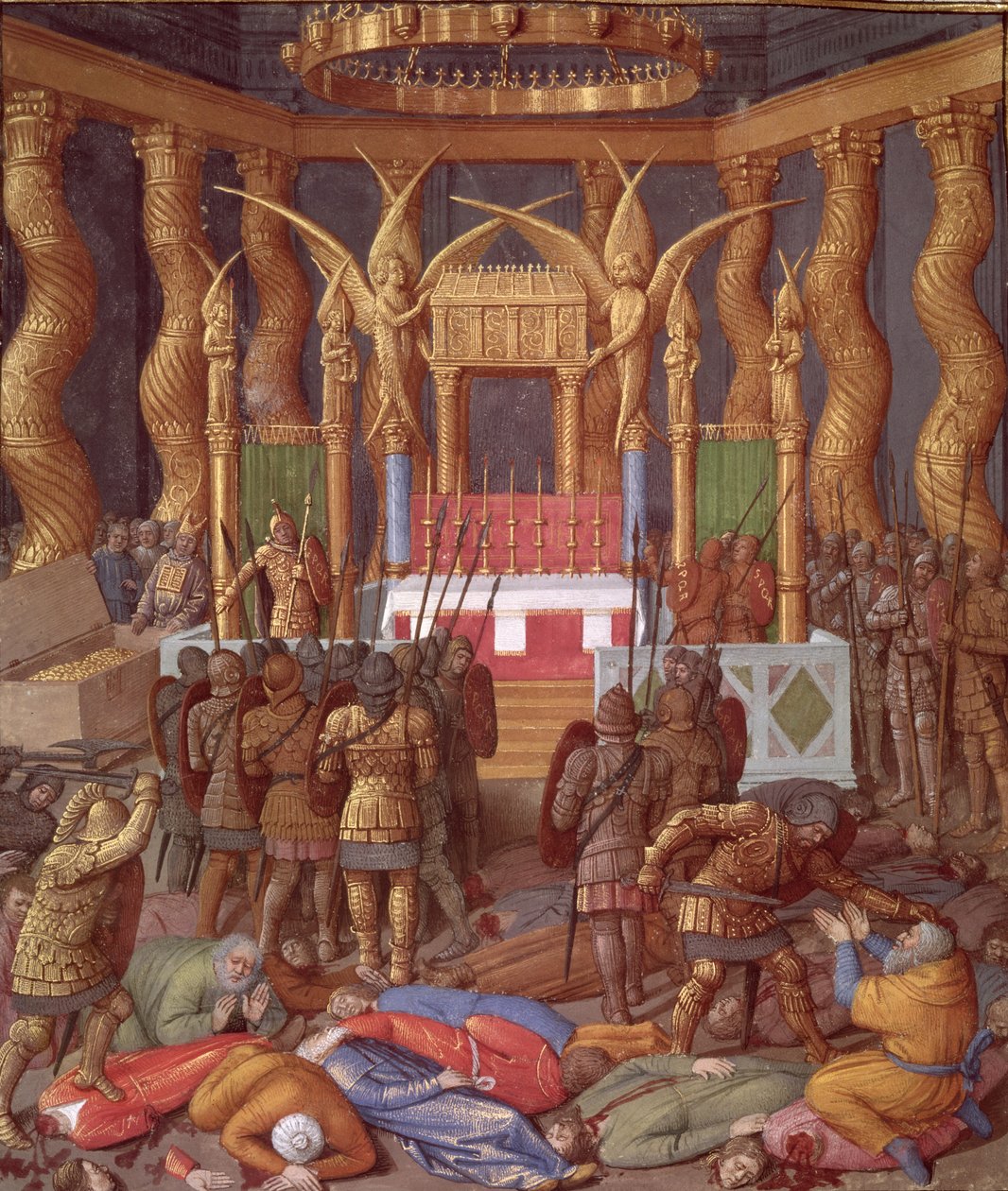 Ms Fr 247 f.293 Zbezczeszczenie Świątyni Jerozolimskiej w 63 pne przez Pompejusza i jego żołnierzy, ilustracja z „Antiquites Judaiques”, c.1470 autorstwa Jean Fouquet