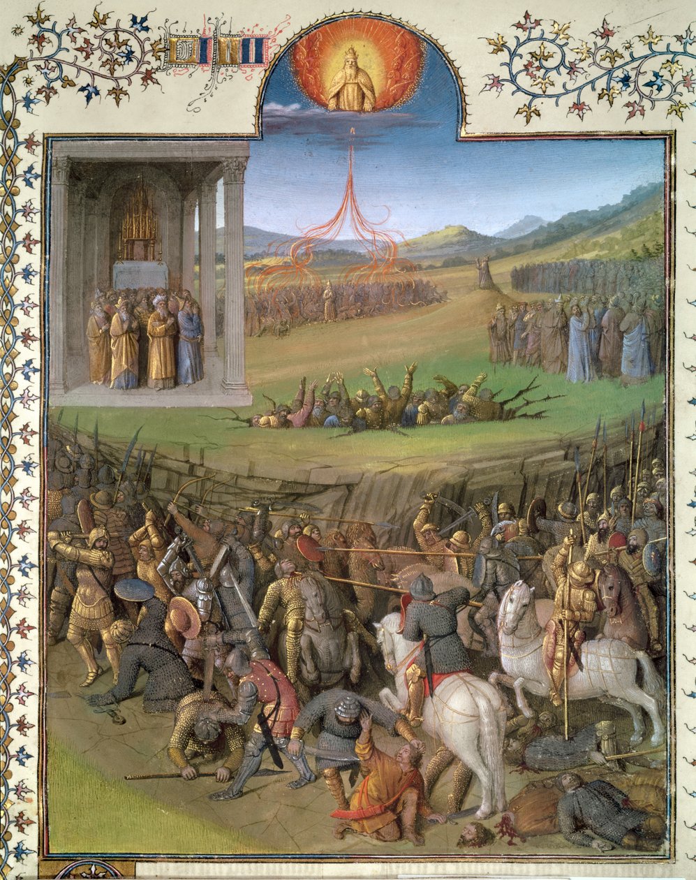 Ms Fr 247 f.70 Bitwa Hebrajczyków przeciwko Kananejczykom i kara Koracha i buntowników, ilustracja z „Antiquites Judaiques”, c.1470 autorstwa Jean Fouquet
