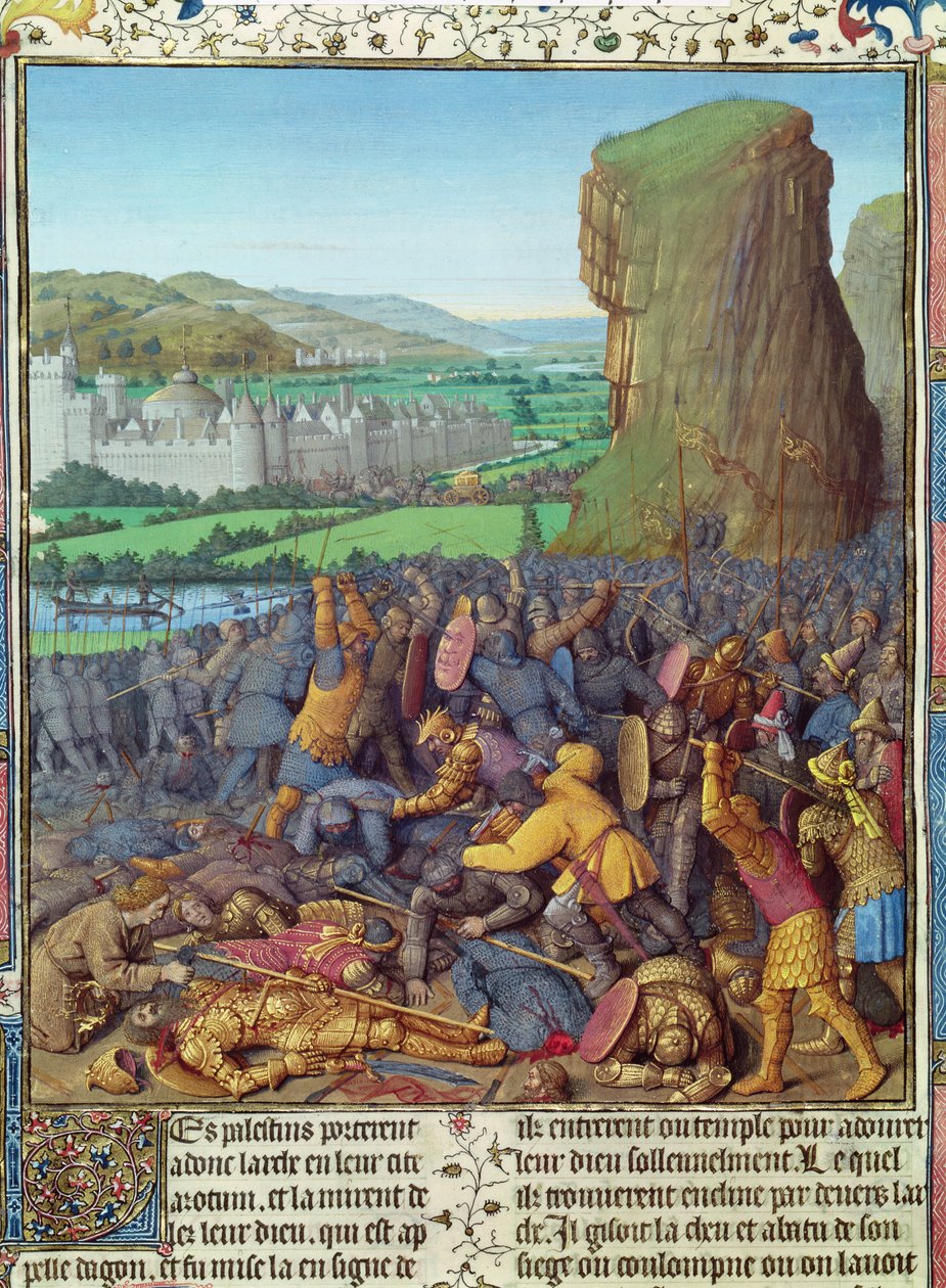 Ms Fr 247 fol.110 Zwycięstwo Izraelitów nad Filistynami, ilustracja z „Antiquites Judaiques”, c.1470 autorstwa Jean Fouquet