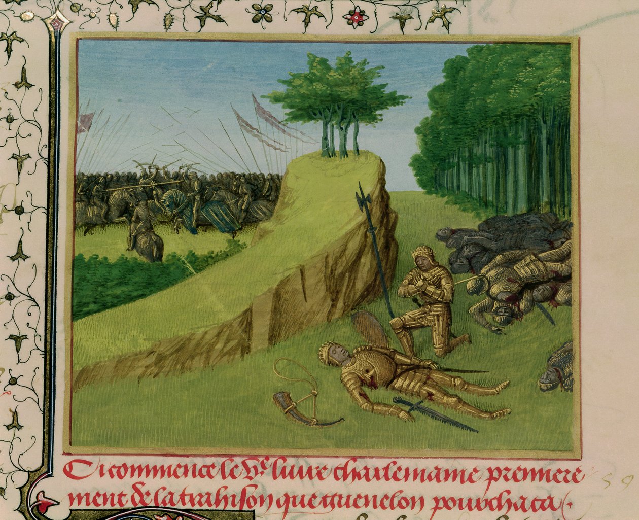Pani Fr 6465 f.113 Cesarz Karol Wielki odnajduje zwłoki Rolanda po bitwie pod Roncevaux, z „Les Grandes Chroniques de France”, c.1460 autorstwa Jean Fouquet