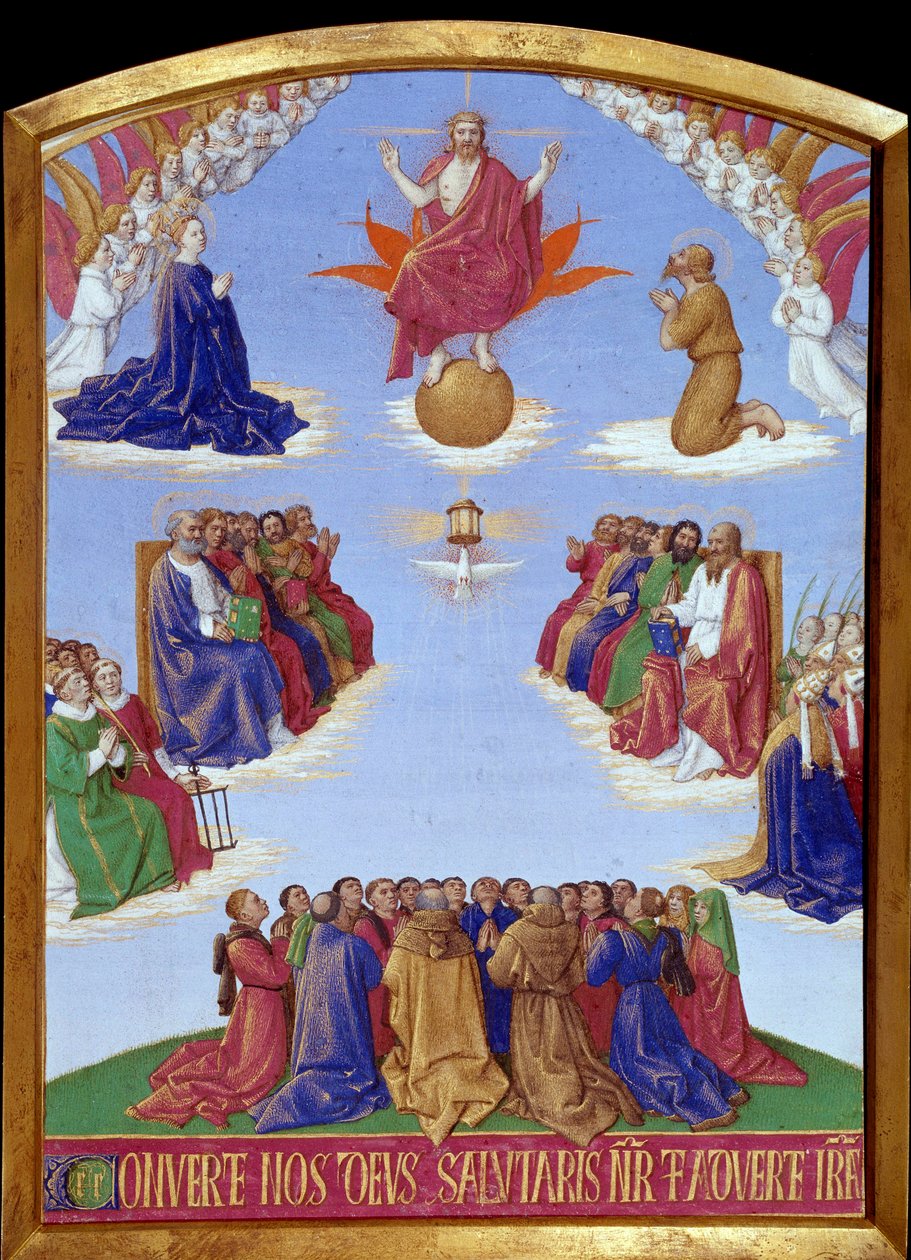 Pięćdziesiątnica: wniebowstąpienie Ducha Świętego. Miniatura zaczerpnięta z „Księgi godzin Etienne Chevalier” Jeana Fouqueta (1420-1477/1481) autorstwa Jean Fouquet