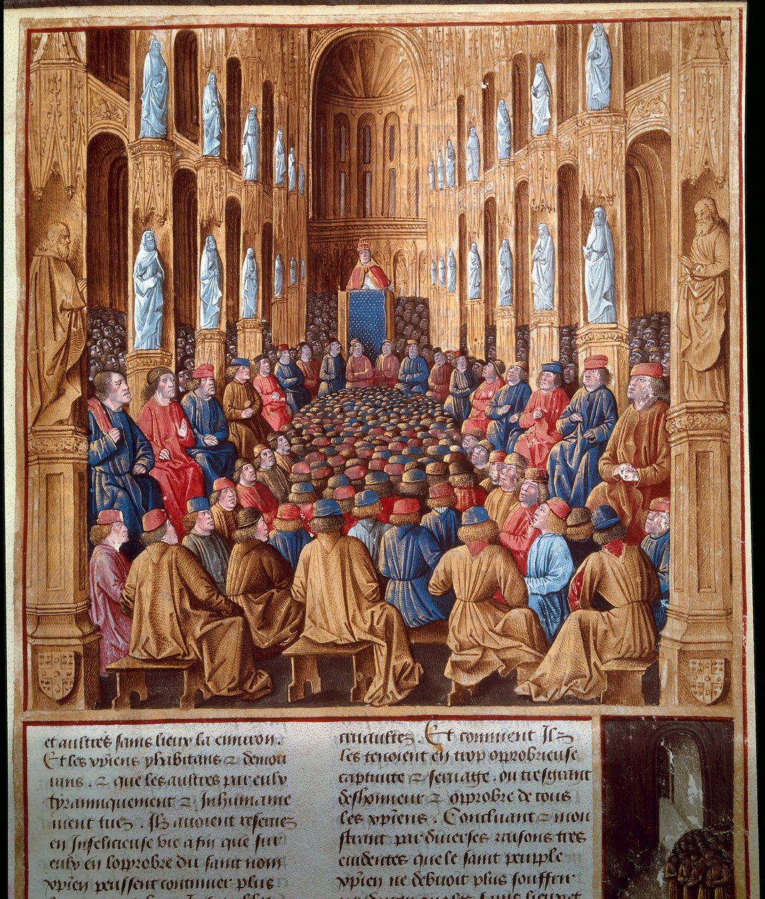Papież Urban II (1042-1099) głosi pierwszą krucjatę na soborze w Clermont we Francji, jednocząc rycerzy, szlachtę i kardynałów autorstwa Jean Fouquet