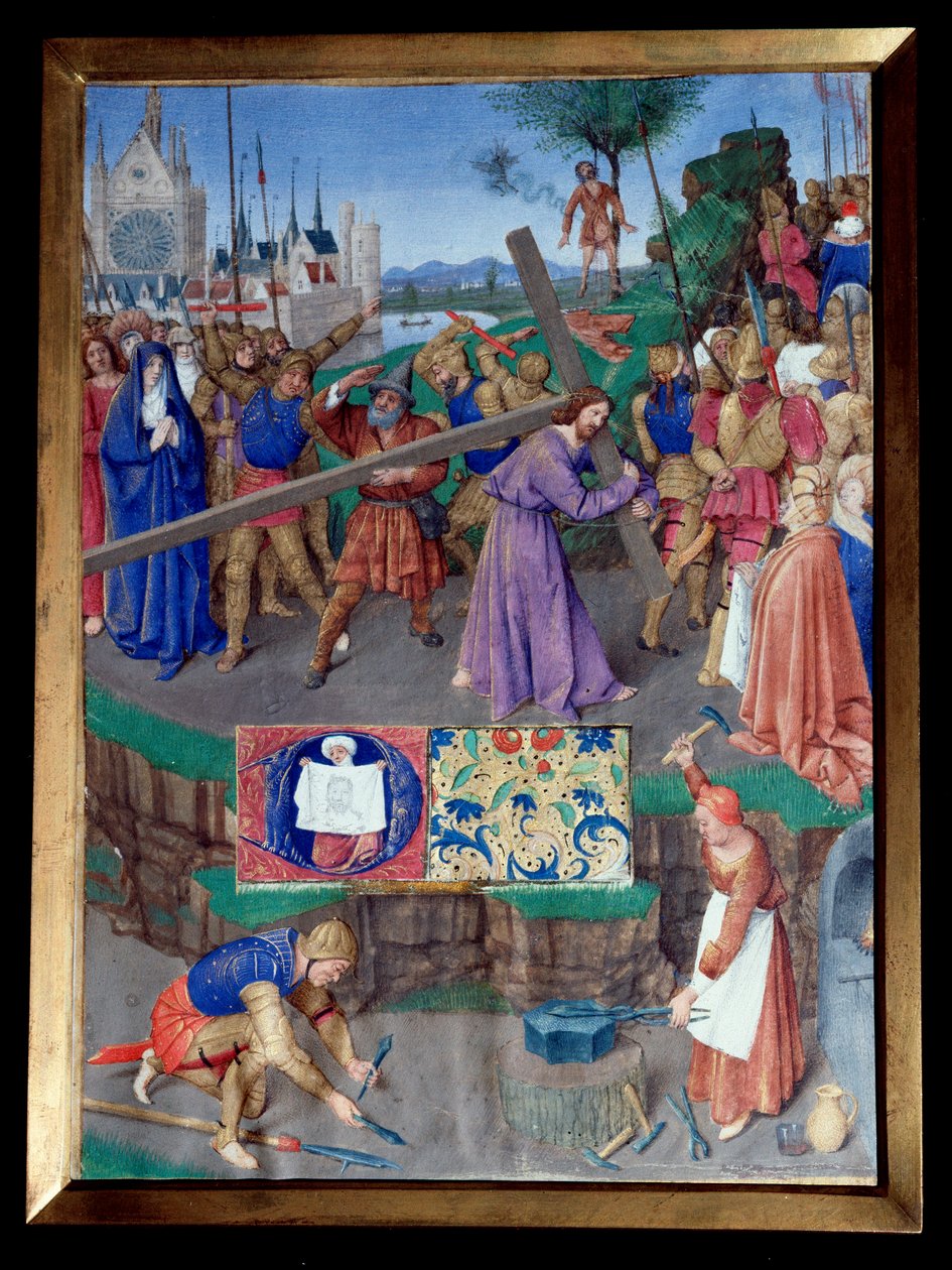 Portage de croix Miniatura zaczerpnięta z „Księgi godzin Etienne Chevalier” Jeana Fouqueta (1420-1477/1481) autorstwa Jean Fouquet