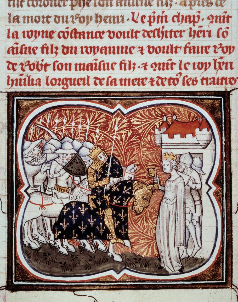 Królowa Konstancja z Arles (986-1032) poddaje się swojemu synowi Henrykowi I królowi Francji (1008-1060) Miniatura z „”Les grandes Chroniles de France”” Jeana Fouqueta (1420-1481) XV-wieczny Paryż, B.N. autorstwa Jean Fouquet