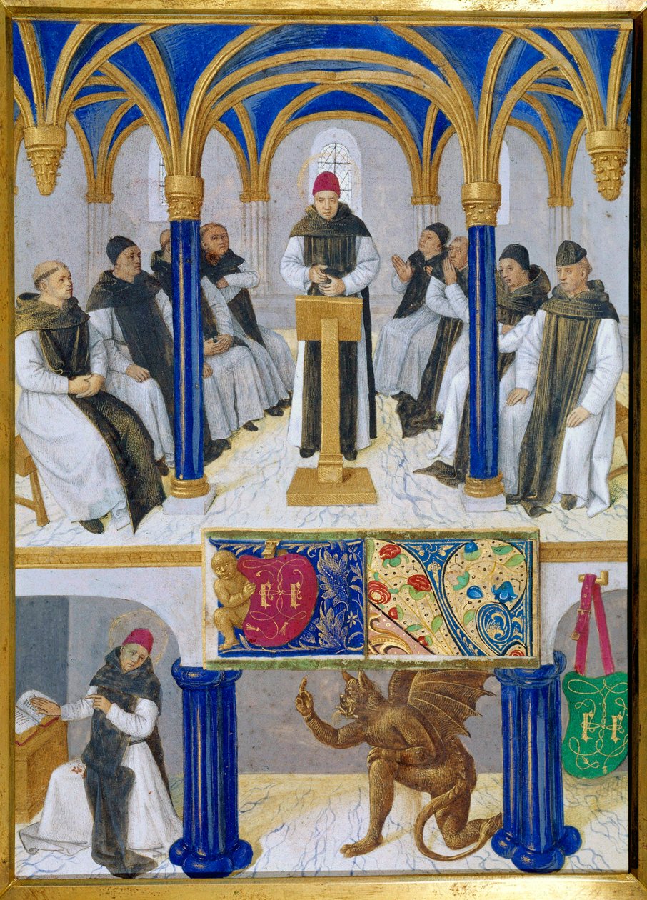 Reprezentacja św. Bernarda z Clairvaux (San Bernardo di Chiaravalle) (1090-1153) nauczyciela i namiot przez diabła Miniatura zaczerpnięta z „Księgi godzin Etienne Chevalier” Jeana Fouqueta (1420-1477/1481) autorstwa Jean Fouquet
