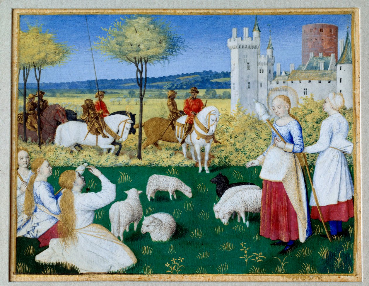 Święta Małgorzata z Antiochii (III wiek) i Olibrius znany również jako Margarita trzymająca owce Epizod Legende Doree o Jakubie (Jakub) z Voragine (1228-1298). Prefet Olibrius nagle zakochuje się w Margaricie, młodym pasterzem zajętym przędzeniem autorstwa Jean Fouquet