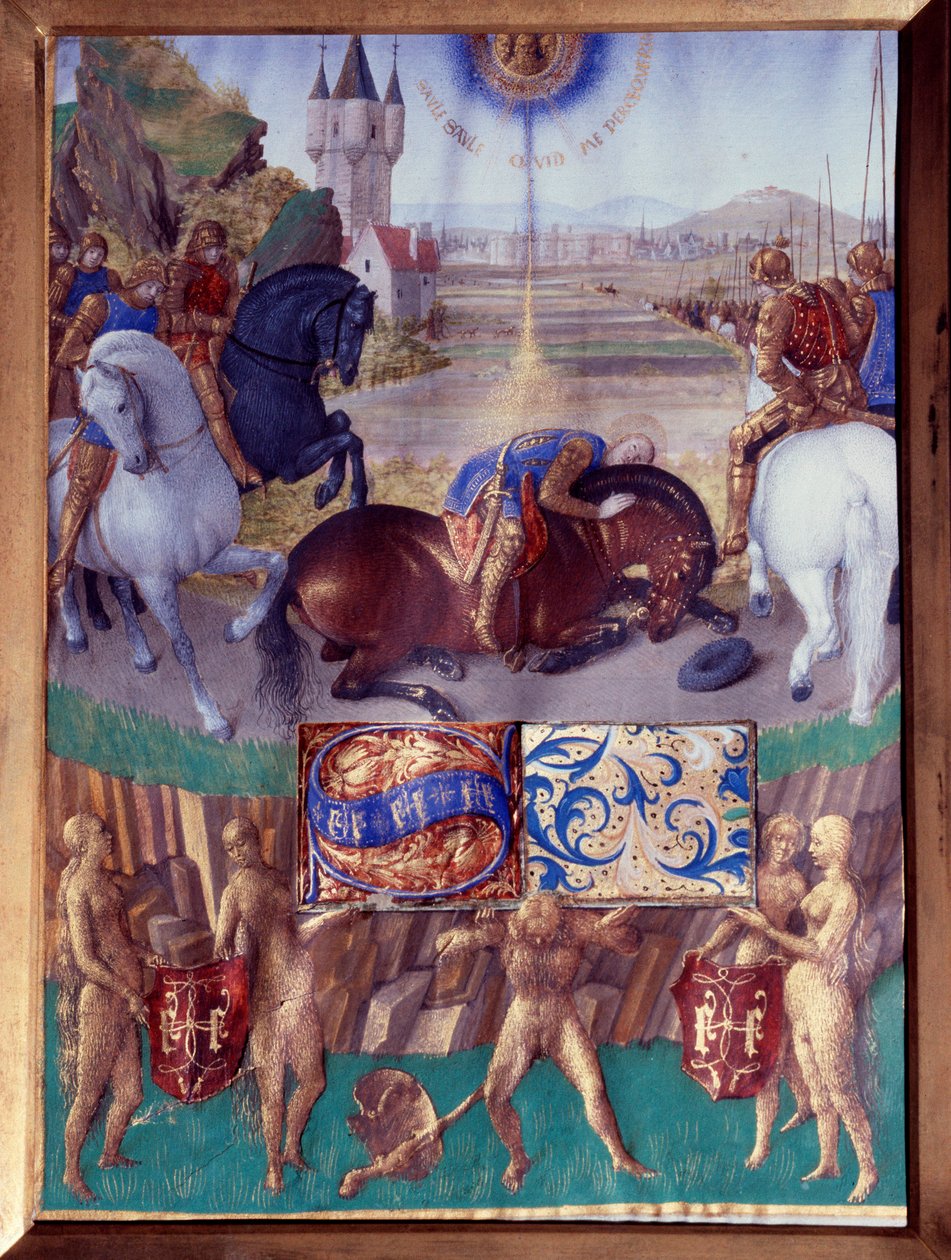 Święty Paweł w drodze do Damaszku Miniatura zaczerpnięta z „Księgi godzin Stephena Chevaliera” Jeana Fouqueta (1420-1477/1481) autorstwa Jean Fouquet