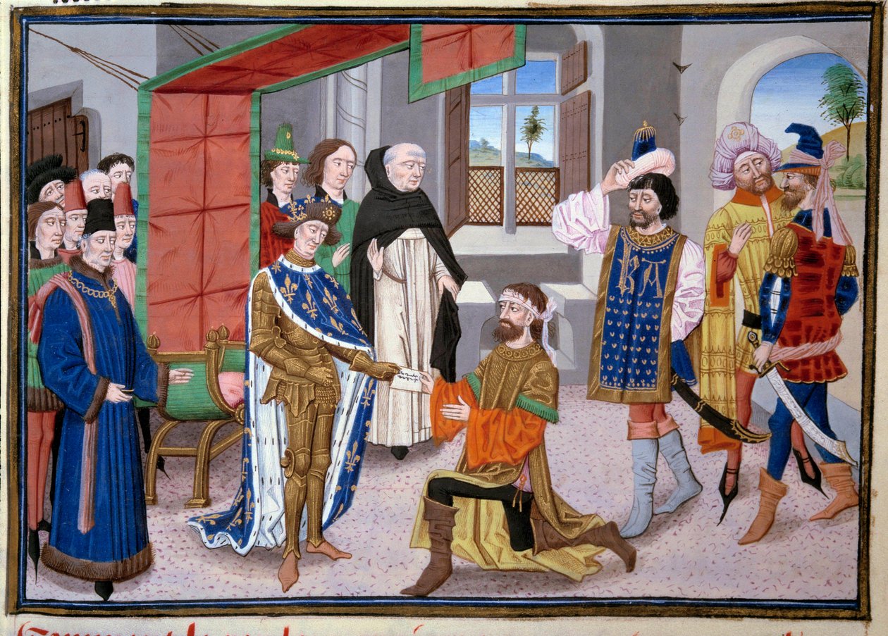 Siódma krucjata: Król Francji Ludwik Święty (lub Ludwik IX) (1214-1270) w Nikozji na Cyprze około 1245 roku. Miniatura z "Wielkich kronik" Jeana Fouqueta (1420-1481). Paryż, Biblioteka Arsenału autorstwa Jean Fouquet