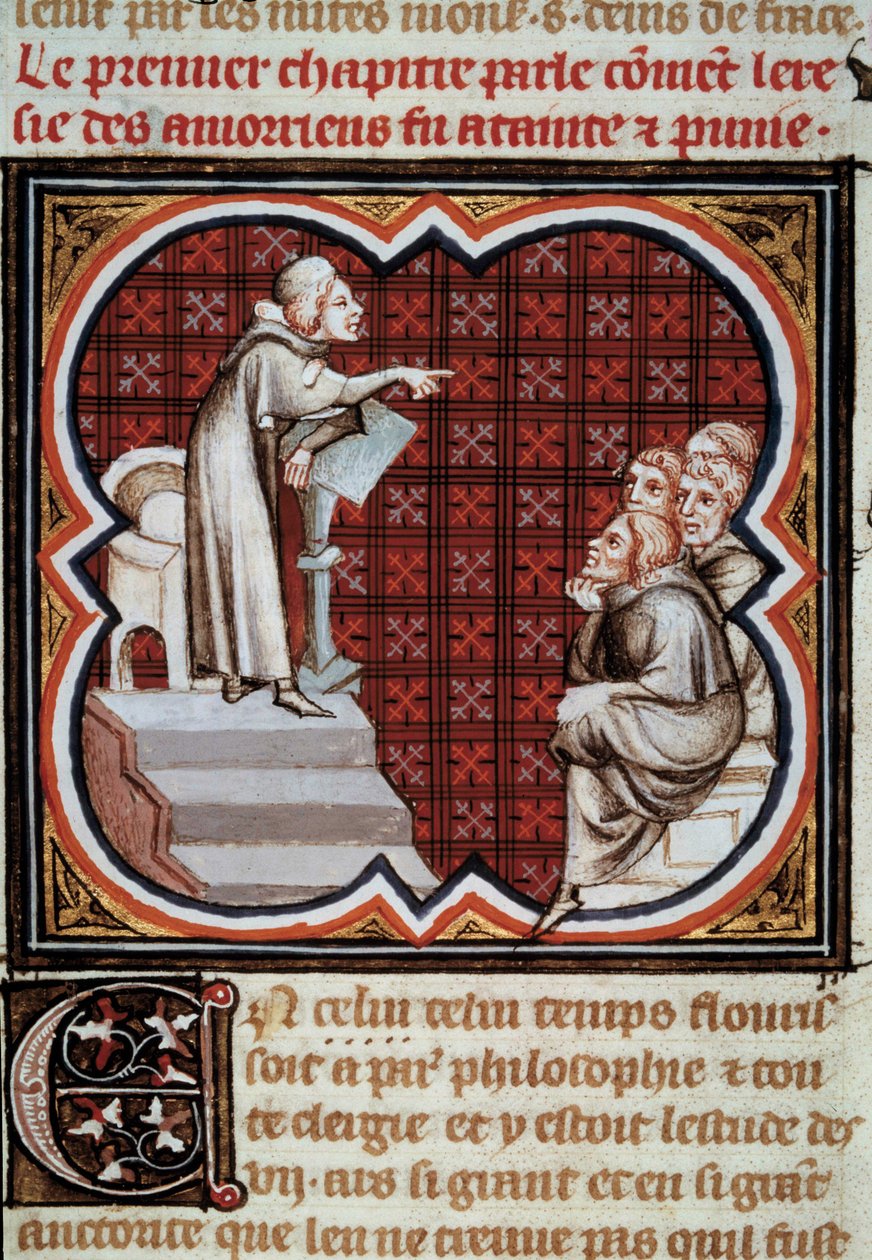 Francuski filozof i teolog Amaury de Chartres (lub Amaury de Bene lub Amalricus de Bene) (zmarł w 1209) na oczach swoich uczniów (Amauryków). Miniatura z Les Grandes Chronicles de France”” i in. Jean Fouquet (1420-1481) autorstwa Jean Fouquet