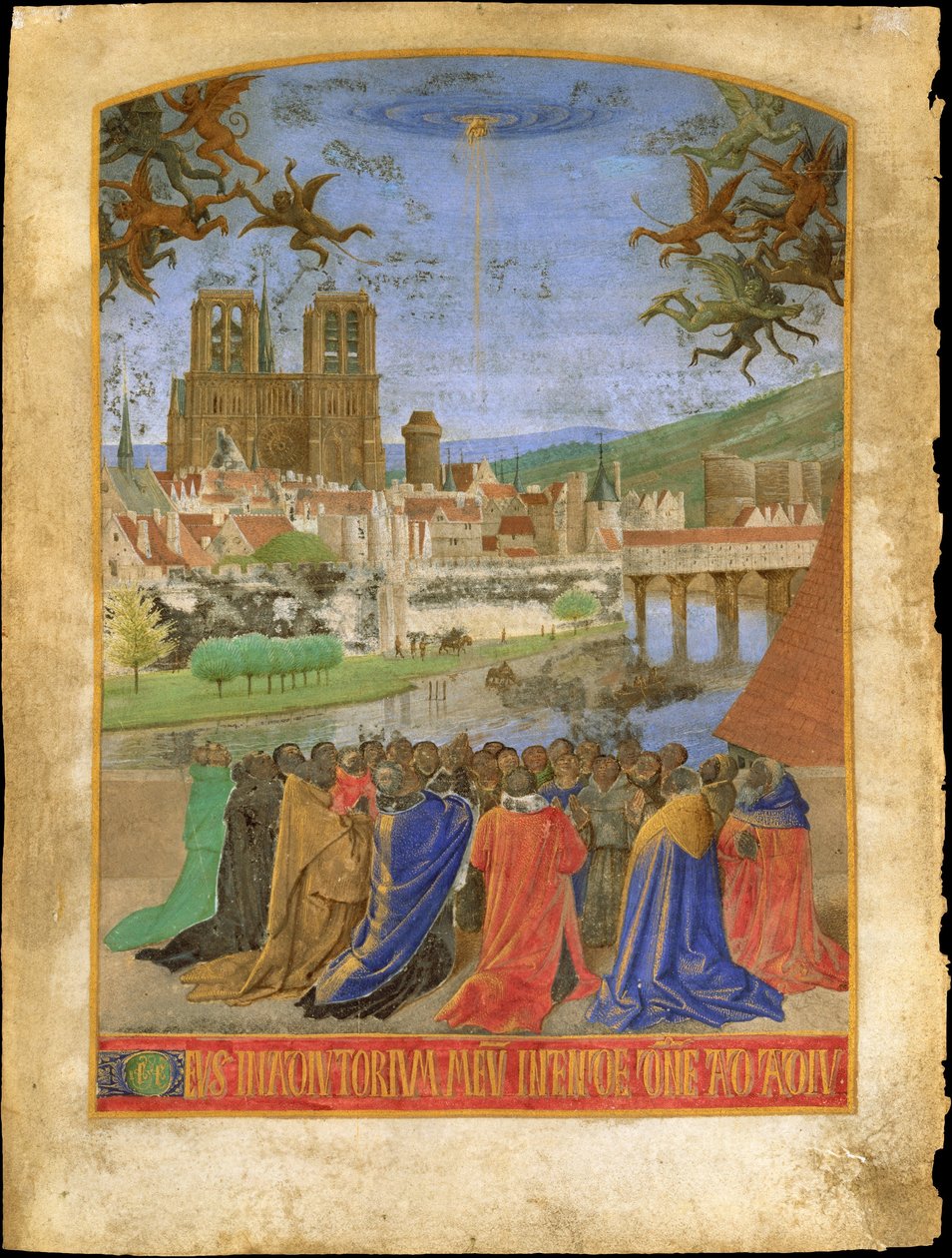Prawa ręka Boga chroniąca wiernych przed demonami, ok.1452-1460 (tempera i złoty płatek na pergaminie) autorstwa Jean Fouquet