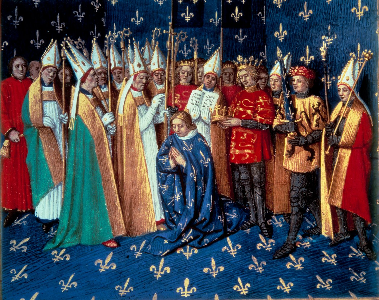 Koronacja Filipa Augusta w Reims w dniu 1/11/1179. Miniatura z Kronik św. Denisa” Jeana Fouqueta (1420-1481) XV wiek. Paryż, B.N. autorstwa Jean Fouquet