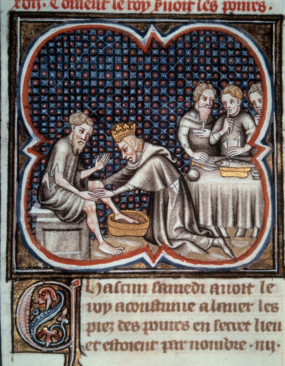Stopa króla Ludwika IX (1214-1270) (św. Ludwik): daje jedzenie i myje stopy ubogim. Miniatura z rękopisu „Les Grandes Chronicles de France” Jeana Fouqueta (1420-1481) XV wiek. Paryż, B.N. autorstwa Jean Fouquet