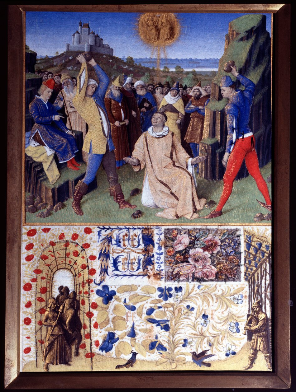 Męczeństwo św. Szczepana przez ukamienowanie Miniatura zaczerpnięta z „Księgi godzin Etienne Chevalier” Jeana Fouqueta (1420-1477/1481) autorstwa Jean Fouquet