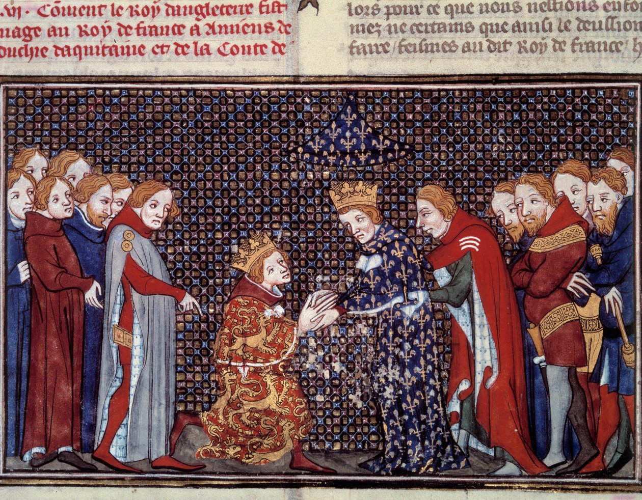 Hołd króla Anglii Edwarda III (1312-1377) dla Filipa VI Walezego (1294-1350), króla Francji, w 1330 roku. Miniatura z „Les grandes chronicles de france” Jeana Fouqueta (1420-1481) autorstwa Jean Fouquet