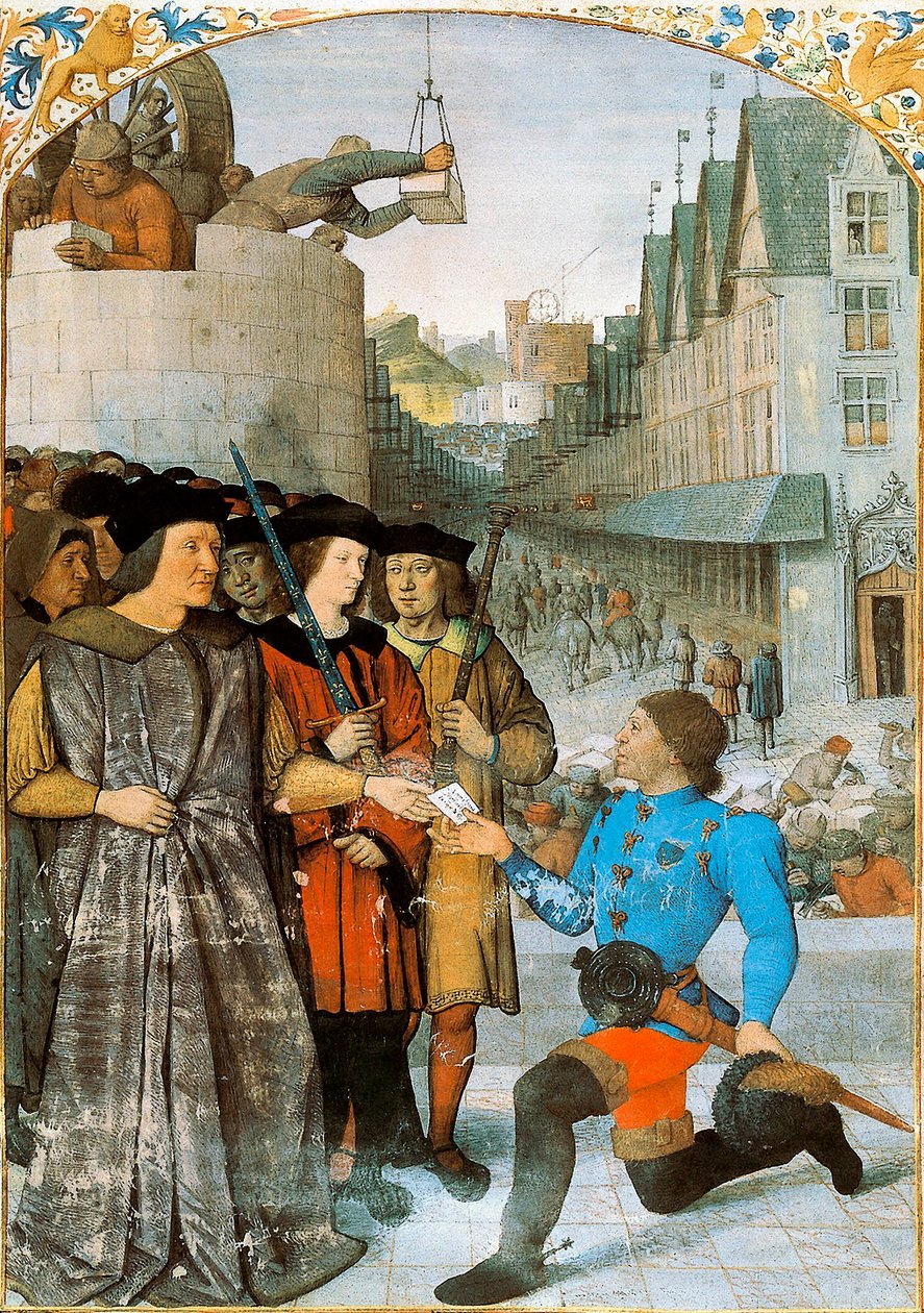Wicehrabia Rochechouart otrzymuje królewskiego posłańca. Miniatura Jeana Fouqueta (1420-1481) z „Wielkich kronik Francji”. 1455-1460 autorstwa Jean Fouquet