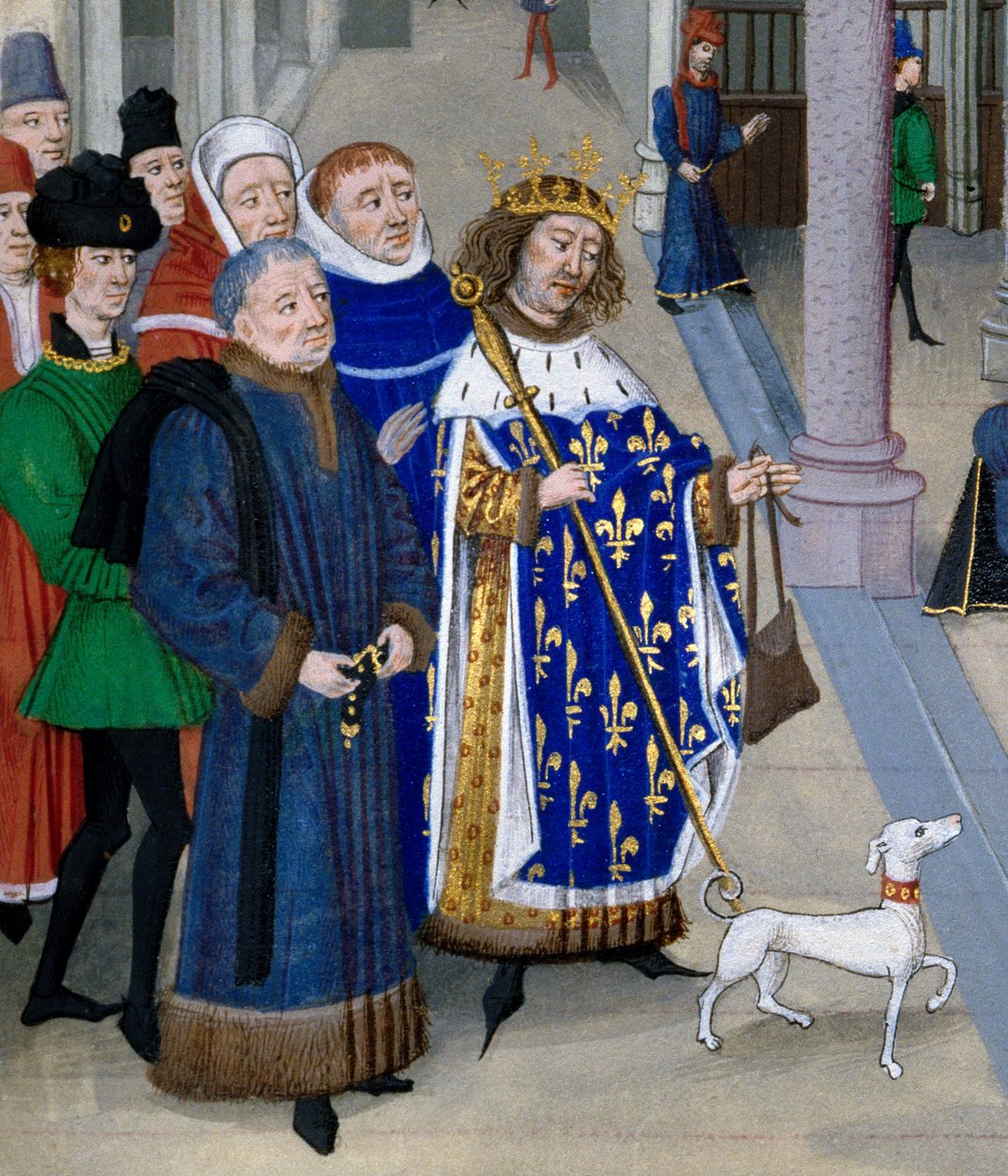 szczegół „”Króla św. Ludwika (Ludwik IX (1214-1270) przygotowujący się do wyjazdu za granicę”””Miniatura z „”Les Grandes Chronicles””Jean Fouquet (1420-1481), Paryż, Bibliotheque de l