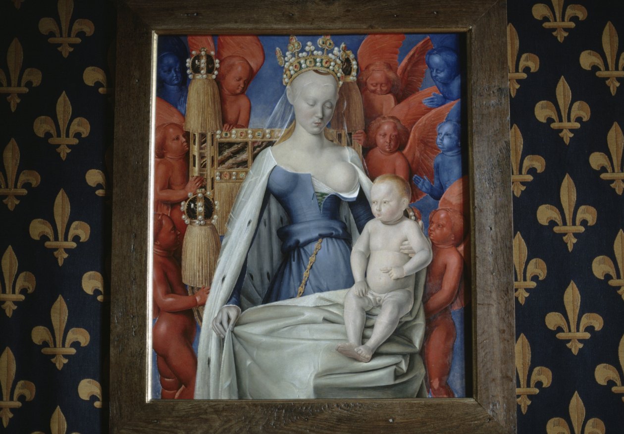 Widok obrazu Madonna w otoczeniu serafinów i cherubinów w zamku w Loches, Francja (zdjęcie ilustracyjne) autorstwa Jean Fouquet