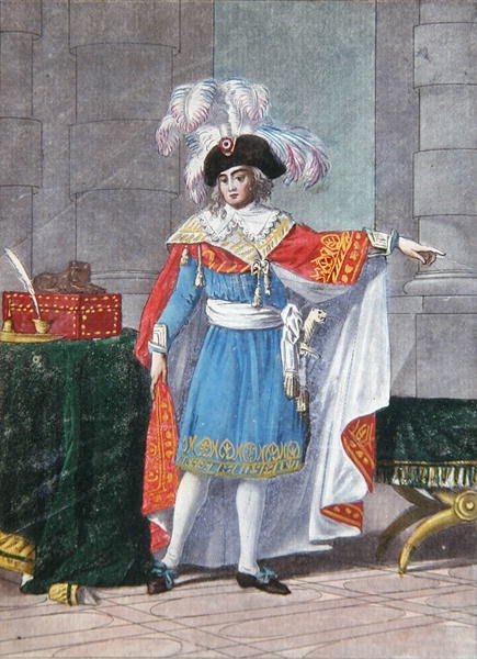 Jeden z Pięciu Członków Dyrektoriatu Wykonawczego okresu Dyrektoriatu (1795-99) w stroju wizytowym (kolorowa grawerunek) autorstwa Jean Francois (after) Garneray