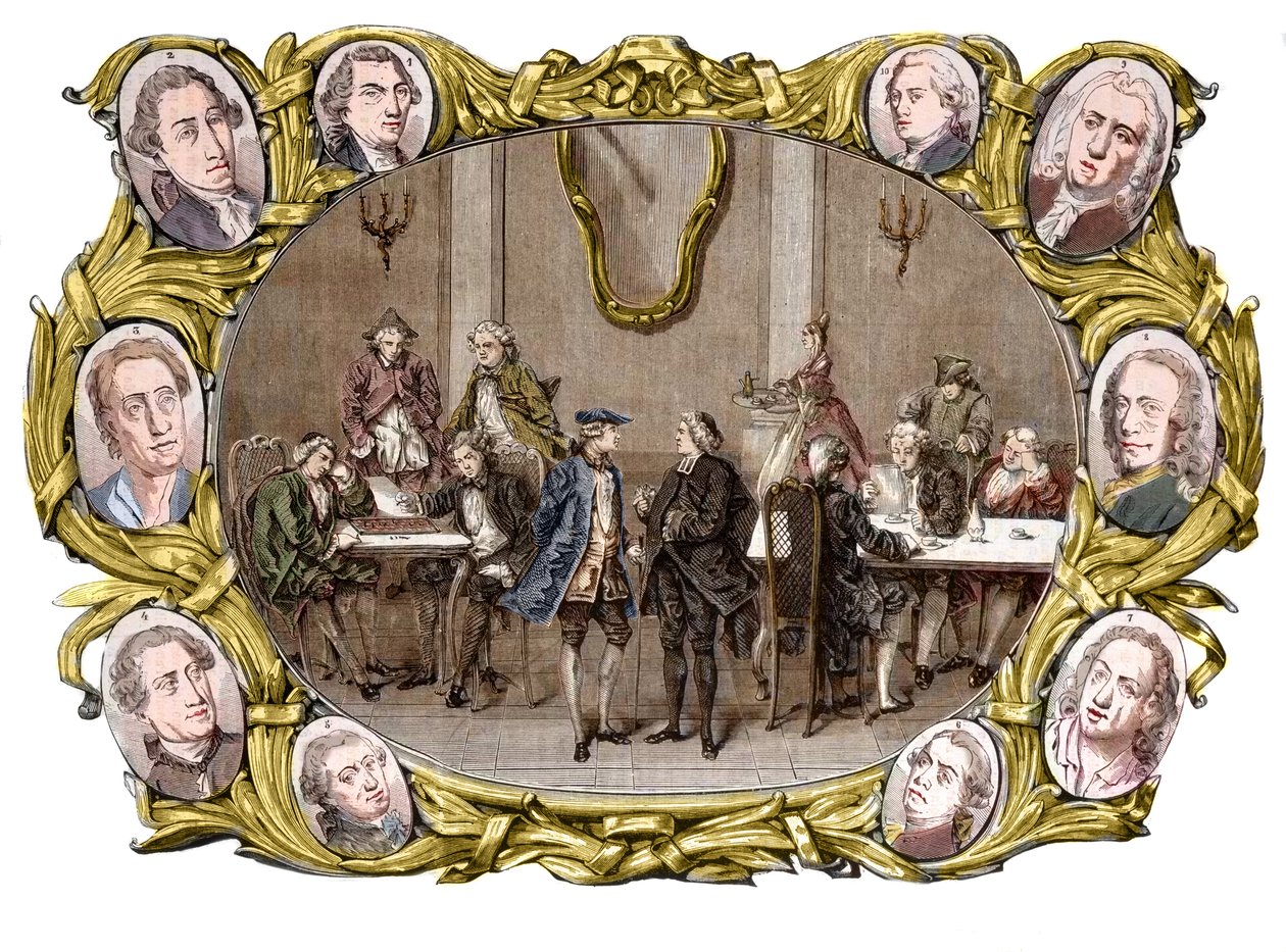 Paryż - Kawiarnia „Procope” w XVIII wieku od prawej do lewej, w medalionach, Georges Louis Leclerc, Comte de Buffon, Nicolas Joseph Florent Gilbert, Denis Diderot, Jean le Rond d