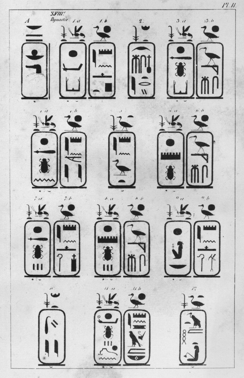 List skierowany do ambasadora Francji Pierre de Blacas dAulps w sprawie królewskiego muzeum sztuki egipskiej w Turynie, Kopia kartuszów królewskich z XVIII dynastii (list 1, 1) 1824 (pióro i atrament na s. autorstwa Jean Francois Champollion