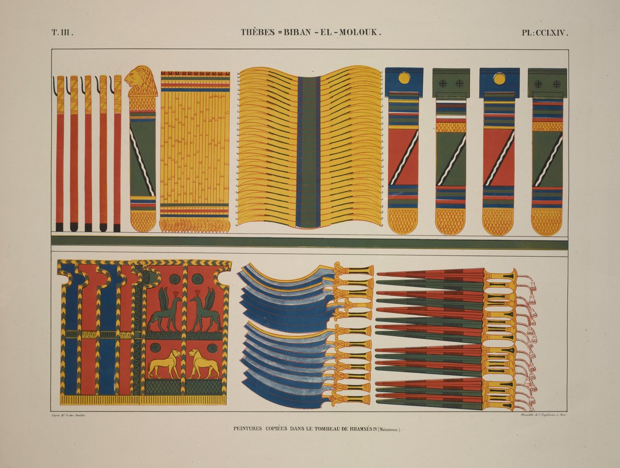 Różne egipskie rodzaje broni i broni, Teby, Biban-el-Molouk, ilustracja z „Monuments de L”Egypte et de la Nubie, 1845 autorstwa Jean Francois Champollion