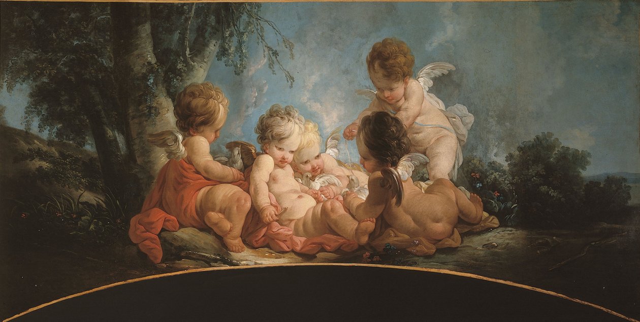 Grupa pięciu kochanków bawiących się z gołębiami, ok. 1761 r. (górna część drzwi) autorstwa Jean-Francois Clermont