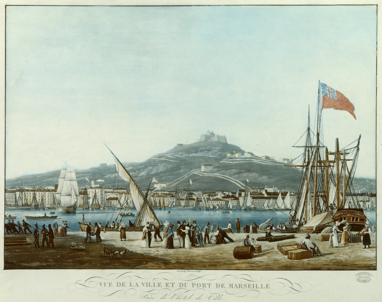 Widok na miasto i port w Marsylii z ratusza, ok. 1815-30 (akwatinta) autorstwa Jean Francois Garneray