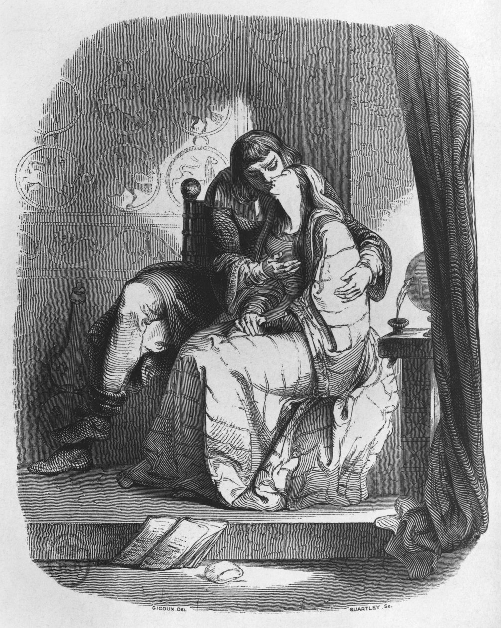 Heloise i Abelard całują się, ilustracja z „Lettres d