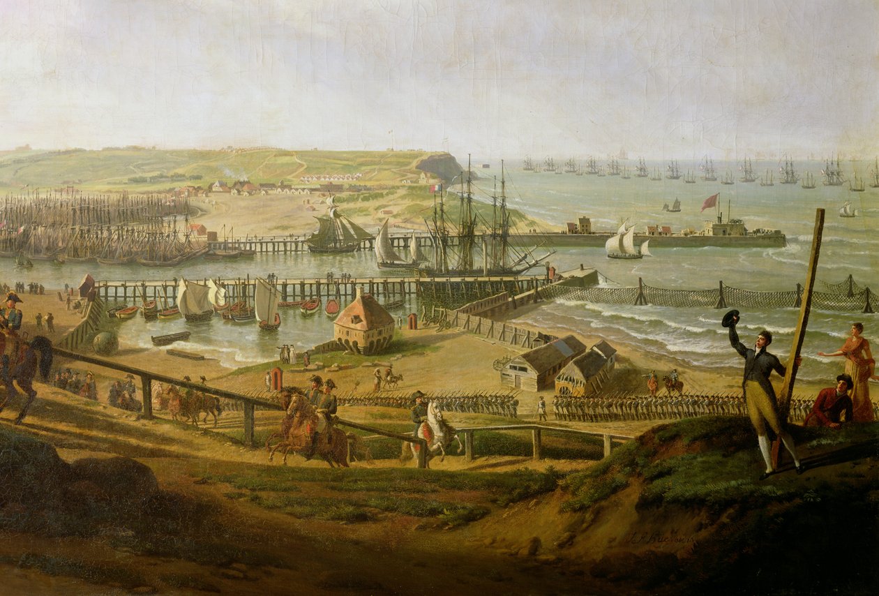 Napoleon z wizytą w obozie w Boulogne w lipcu 1804 r. Fragment portu, 1806 r. autorstwa Jean Francois Hue