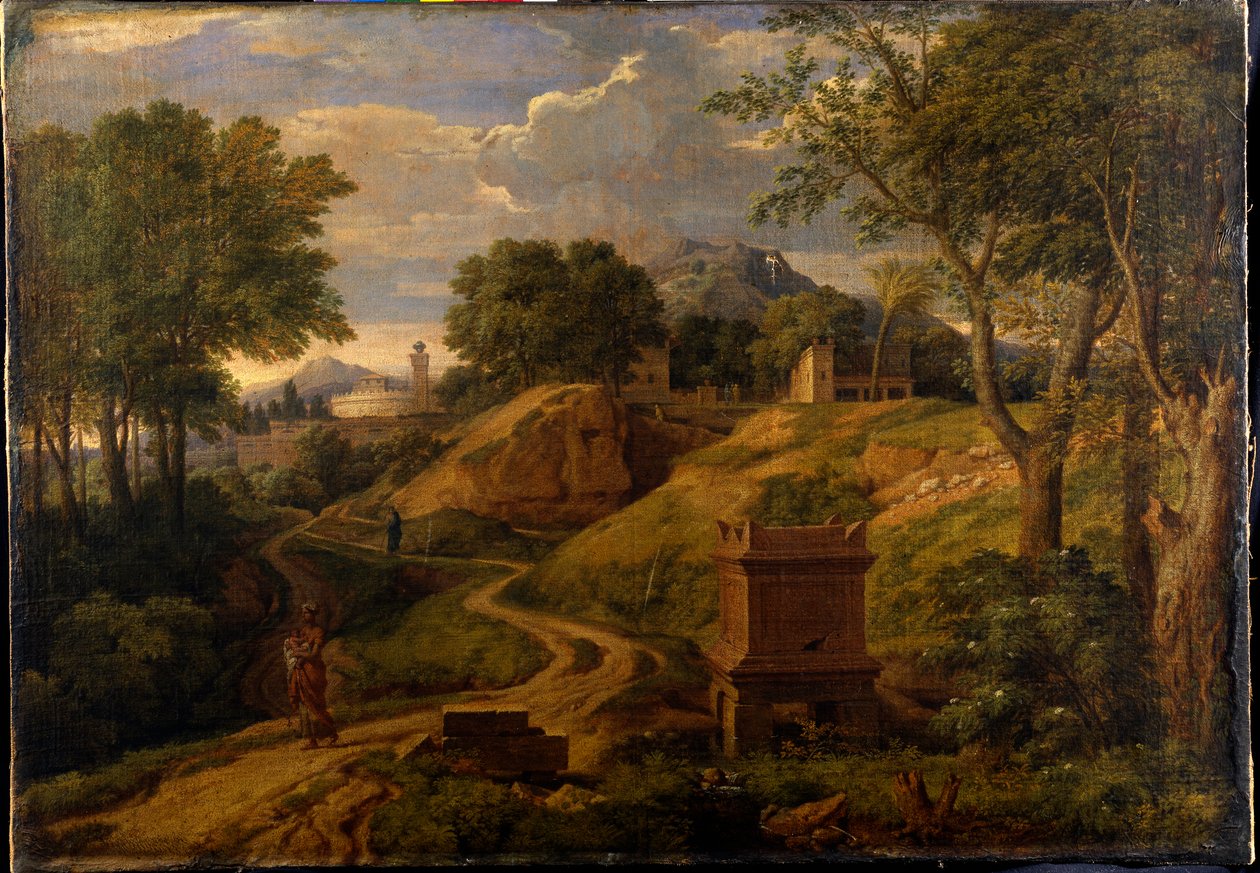 Pejzaż klasyczny z kobietą niosącą dziecko, ok. 1650-75 (olej na płótnie) autorstwa Jean Francois I Millet