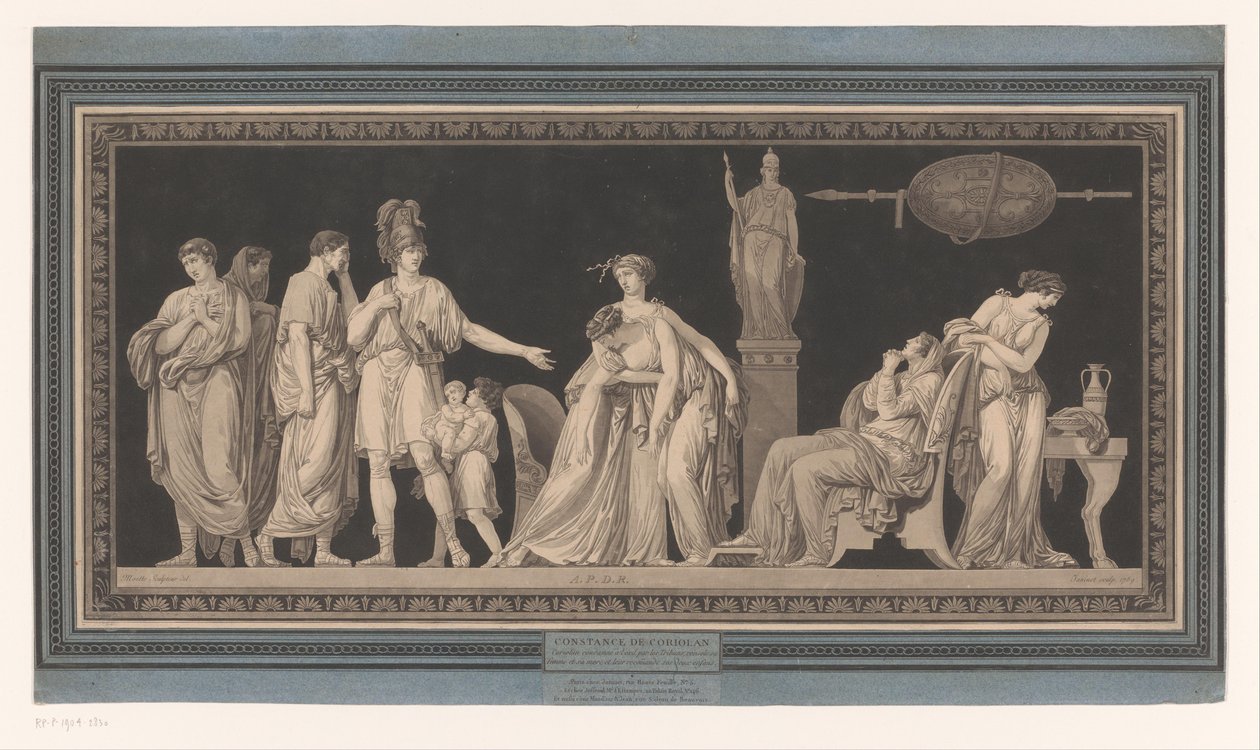 Coriolanus pociesza swoją żonę i matkę Constance de Coriolan (tytuł na obiekcie) autorstwa Jean Francois Janinet