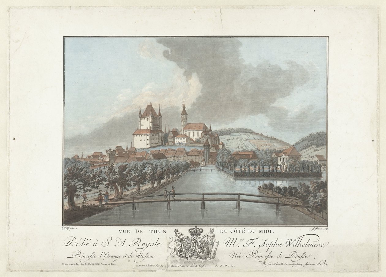 Gezicht op Thun Widok Thun od strony południowej (tytuł na obiekcie) Niezwykłe widoki na góry Szwajcarii (tytuł serii) autorstwa Jean Francois Janinet