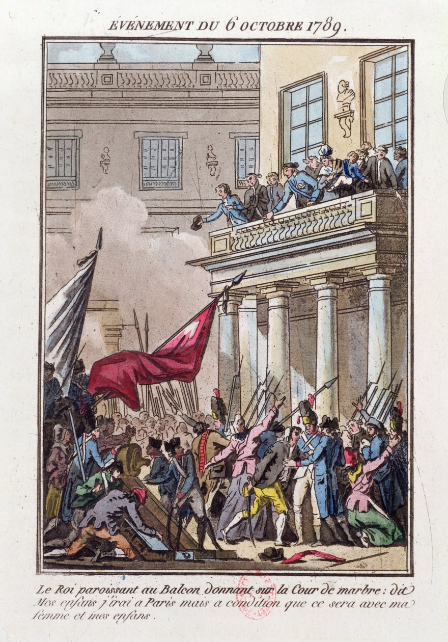Ludwik XVI ukazujący się na balkonie Wersalu 6 października 1789 r., aby powiedzieć paryskiej motłochu, że pojedzie do Paryża pod warunkiem, że podróżuje z nim żona i rodzina autorstwa Jean Francois Janinet