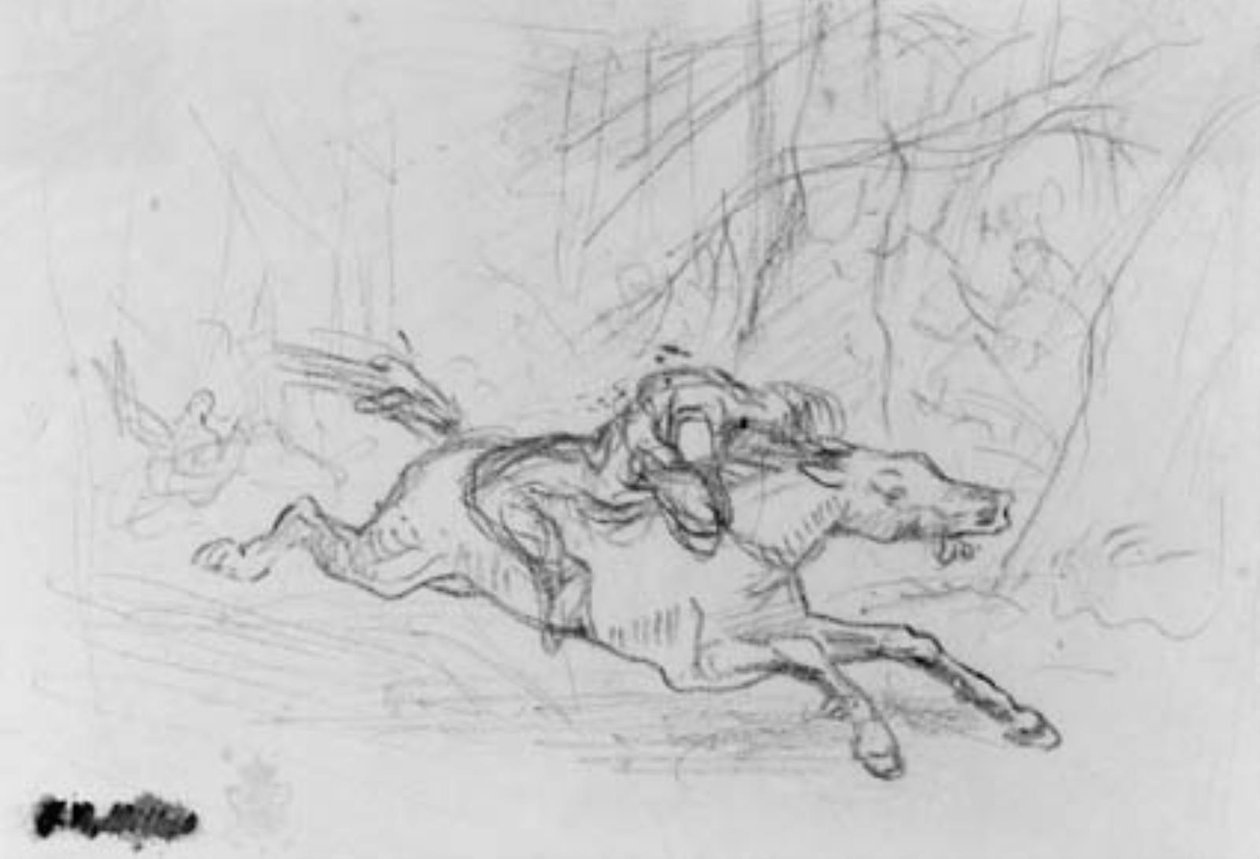 Widok z tyłu człowieka na dzikim koniu w lesie. Simon Butler autorstwa Jean Francois Millet