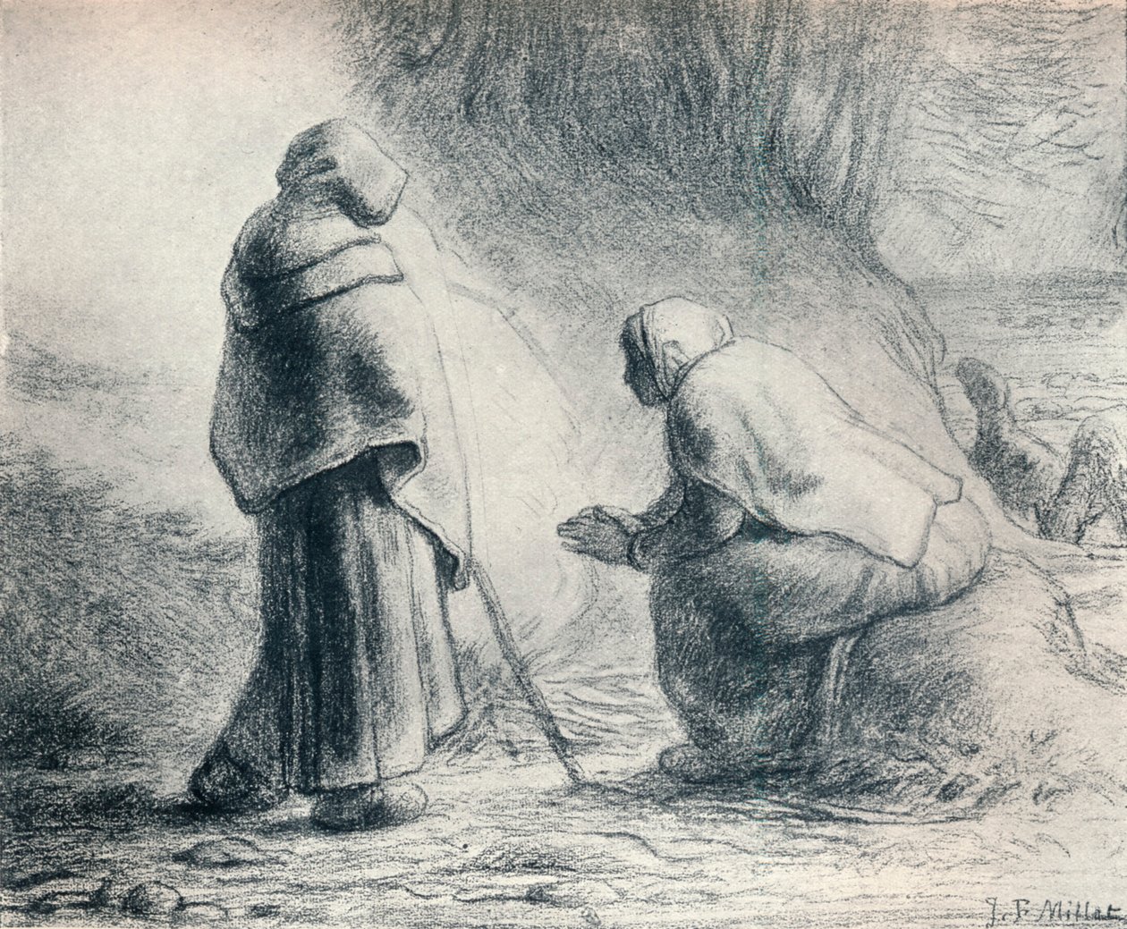 Bergeres Se Chauffant, Pasterze przy ogniu, XIX w. autorstwa Jean Francois Millet
