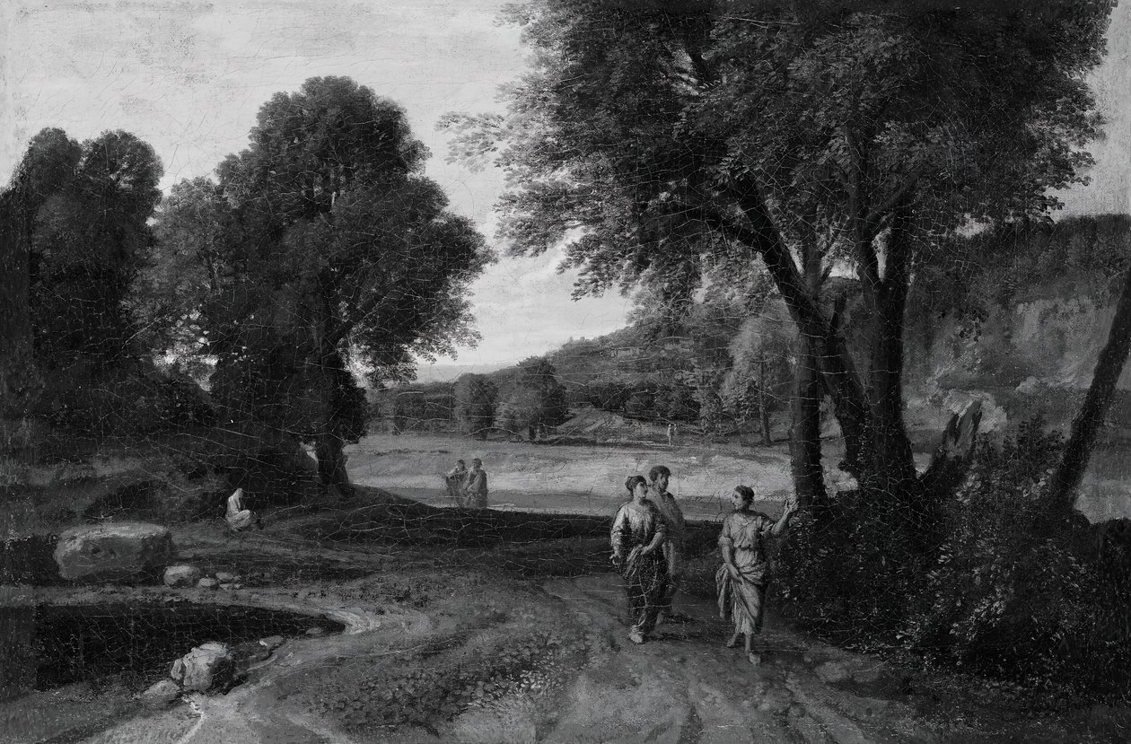 Klasyczny krajobraz z dwiema kobietami i mężczyzną na ścieżce, 166070. autorstwa Jean Francois Millet