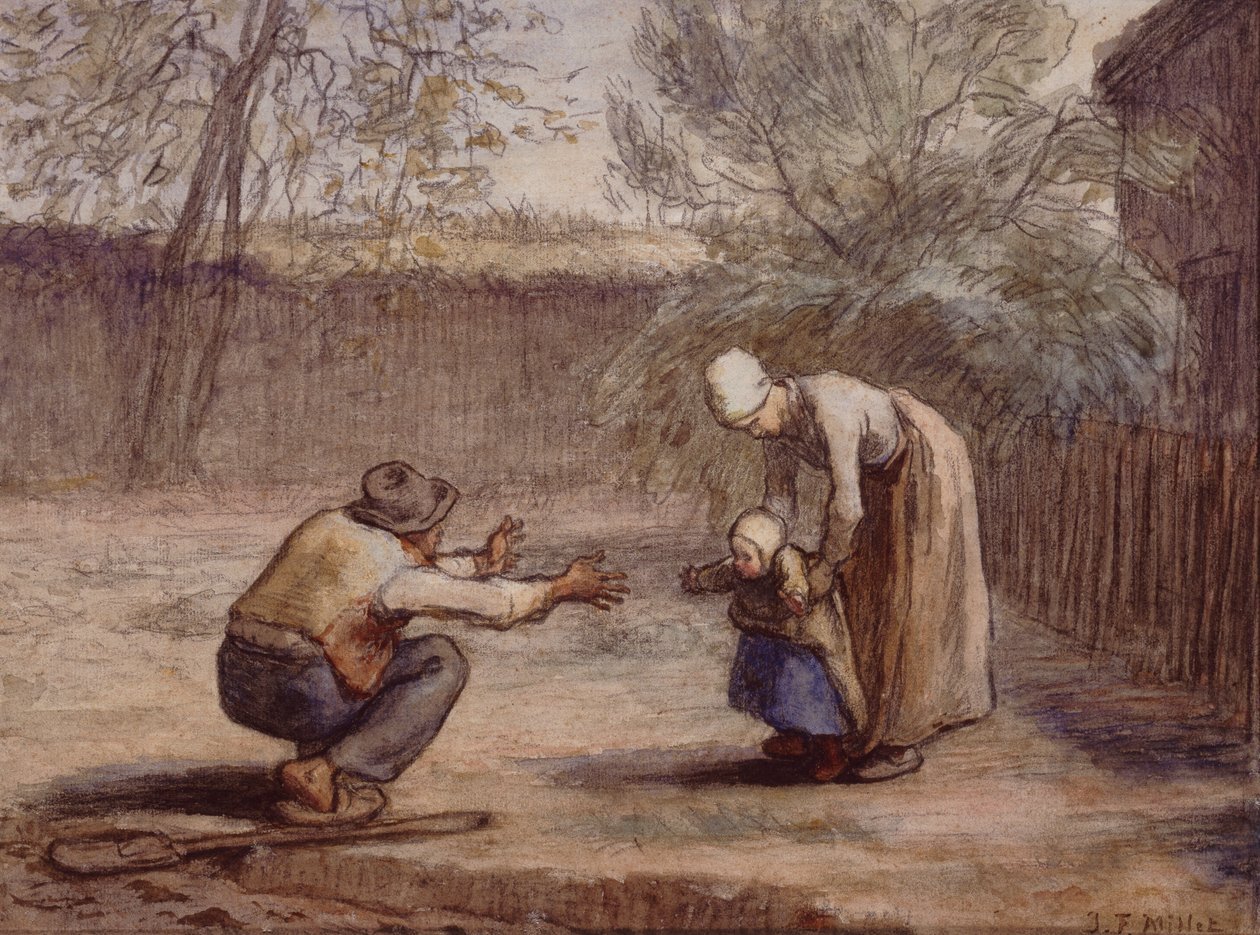 Pierwsze kroki (kreda i akwarela) autorstwa Jean Francois Millet