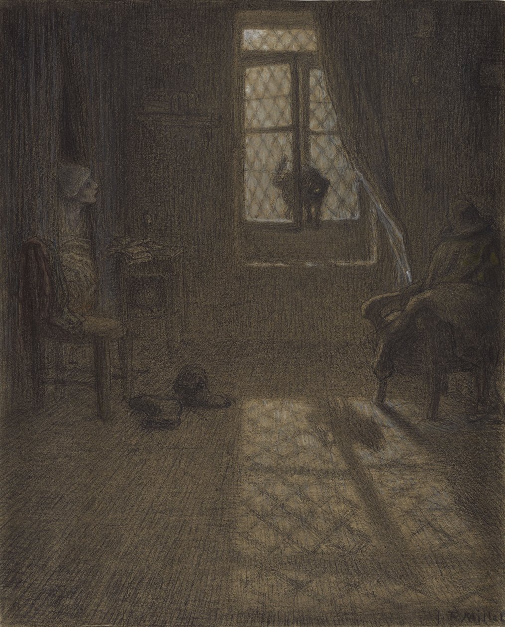 Le chat czyli Kot przy oknie, 1857-58 (kredka conté i pastel z wbijaniem i blendowaniem, utrwalone na papierze tkanym) autorstwa Jean Francois Millet