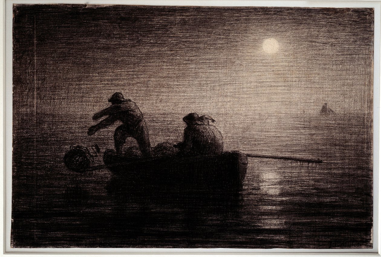 Rybacy homarów rzucający gliną, efekt nocy Czarny ołówek, rysunek Jean Francois Millet (1814-1875), ok. 1856-1858. Ciemny. 0,32 x 0,49 m Paryż. Muzeum Orsay autorstwa Jean Francois Millet