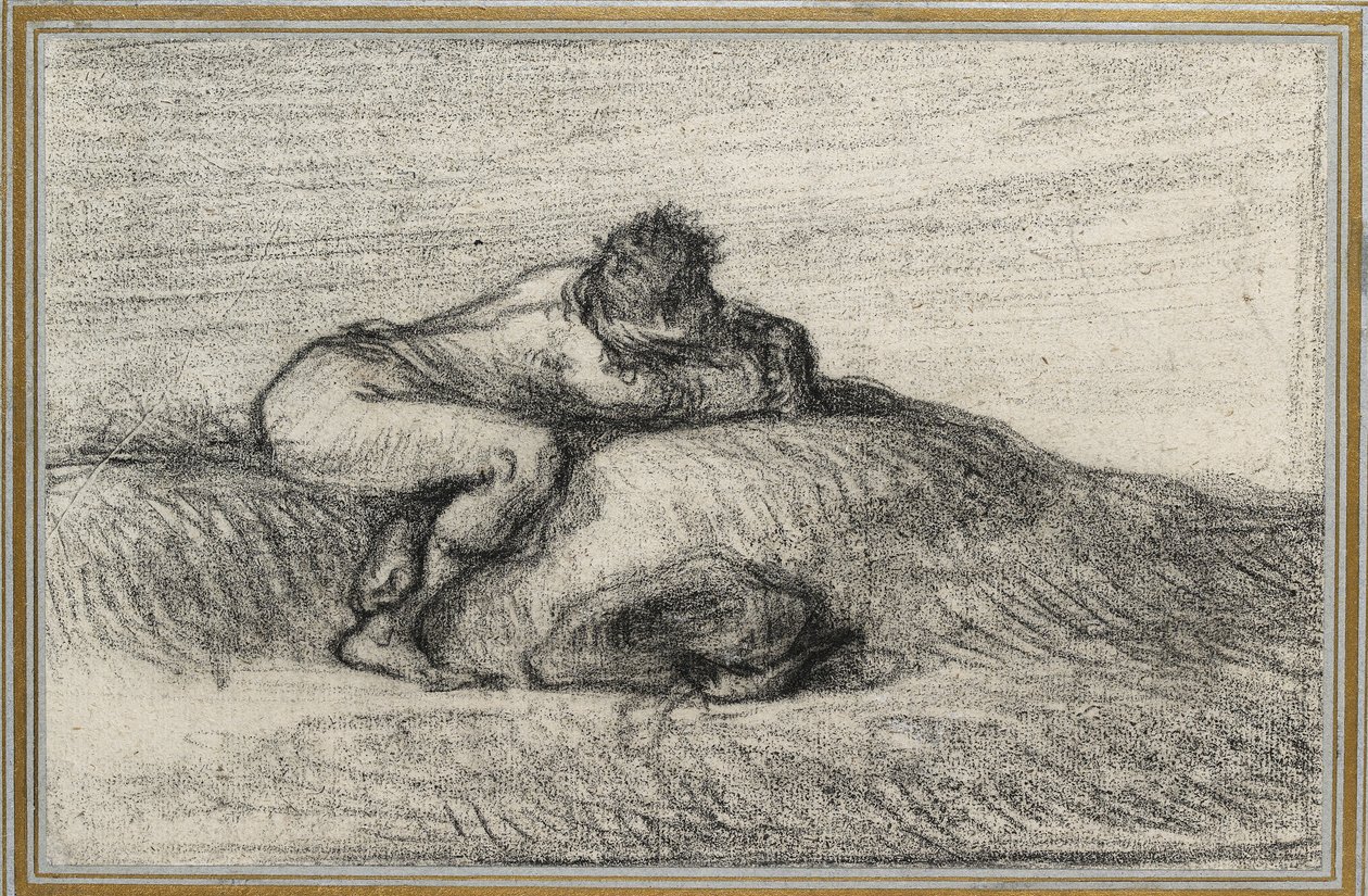 Mężczyzna przyczajony na wzgórzu, 1848 - 1850 (czarna kredka na papierze w kolorze złamanej bieli, położona na jasnoniebieskim papierze z trzema złotymi liniami) autorstwa Jean Francois Millet