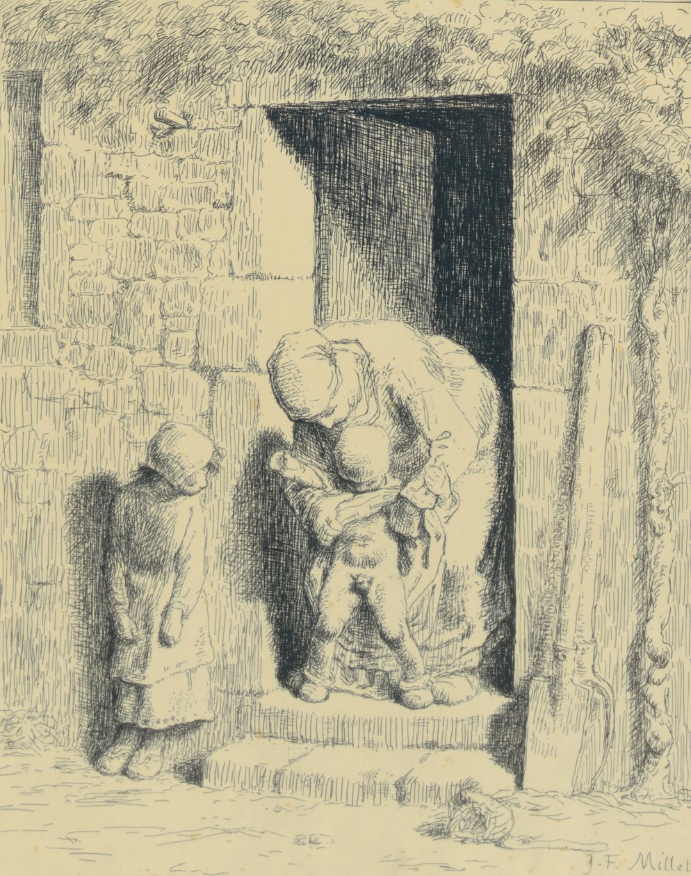 Opieka położnicza, 1862 (odbitka na szkle) autorstwa Jean Francois Millet