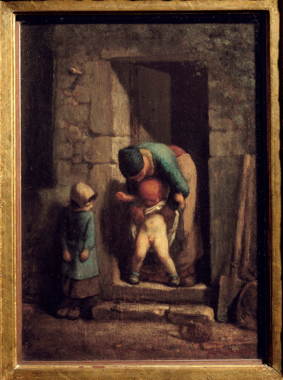 Ostrożność matczyna. Matka zmusza syna do oddawania moczu przed drzwiami. Obraz Jeana Francois Milleta (1814-1875) autorstwa Jean Francois Millet
